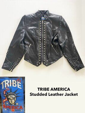 Tribe America Black Women's Leather Zip Long Sleeve Studded Biker Jacket Size 6